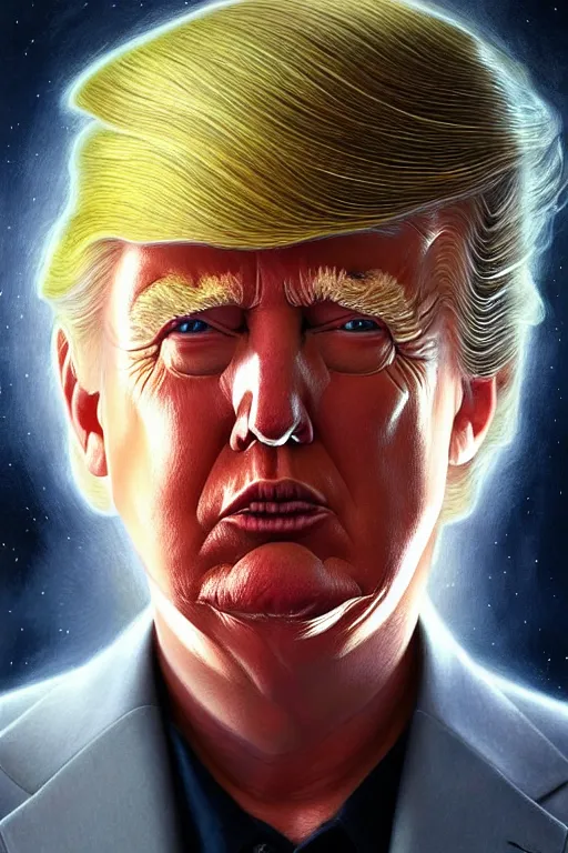 Image similar to a portrait of intergalactic donald trump, grim - lighting, high - contrast, intricate, elegant, highly detailed, centered, digital painting, artstation, concept art, smooth, sharp focus, illustration, artgerm, tomasz alen kopera, peter mohrbacher, donato giancola, joseph christian leyendecker, wlop, boris vallejo