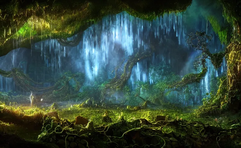 Image similar to a beautiful and stunning digital render of a humongous crystal cave, dimly glowing mushrooms, vines, haze, waterfall, volumetric lighting, photorealistic, unreal engine 5, ultra detail, trending on artstation