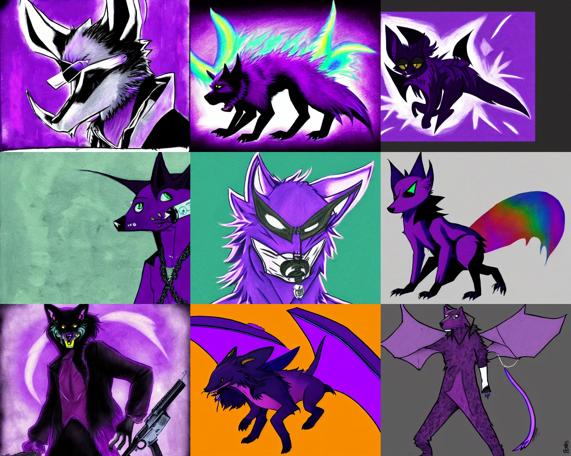 Image similar to a purple wolfbat fursona with an eyepatch and a rainbow tail, drawn in a noir style, reminescent of max payne and ghost in the shell, style of purple rain album cover ( by prince ), dark colors