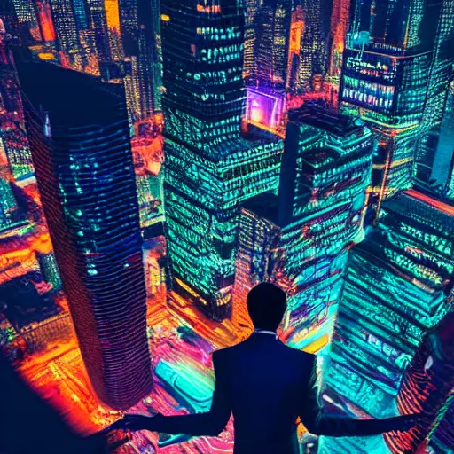 Prompt: neon city, cyberpunk, man standing on the roof, wing swings his tie, drone view