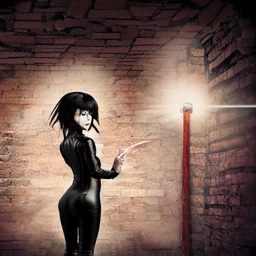 Prompt: a victim being intimidated by a succubus in a leather suit, devi wings, cracked brick wall, long hallway, light at the end of the tunnel, volumetric lighting, concept art, fantasy, dramatic lighting, daz, by mark ryden, hayao miyazaki