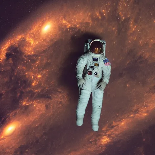 Image similar to photograph of an astronaut lit from down, against the absolute darkness of space, full body photo,, 8 k