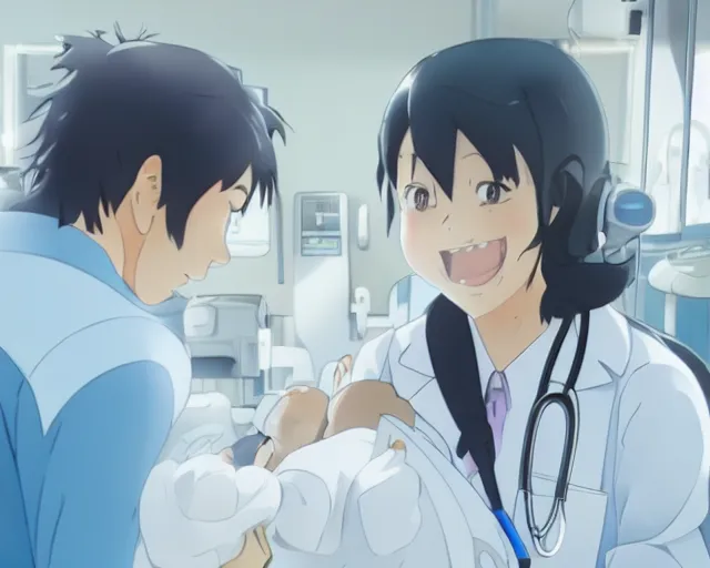 Prompt: a cute young female doctor wearing white coat are talking to a little baby in blue shirt in a hospital, slice of life anime, lighting, anime scenery by Makoto shinkai