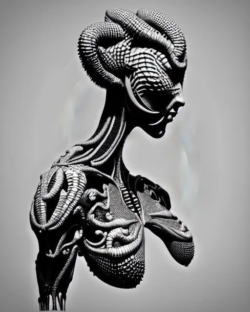 Image similar to a black and white 3D render of a young beautiful female queen-dragon-cyborg bust with a very long neck and Mandelbrot fractal face, Mandelbrot fractal skin, flesh, anatomical, facial muscles, veins, arteries, elegant, highly detailed, flesh highly baroque ornate, hair are cable wires, elegant, high fashion, rim light, octane render, in the style of H.R. Giger, Realistic, Refined, Digital Art, Highly Detailed, Cinematic Lighting, rim light, black and white, photo-realistic, 8K