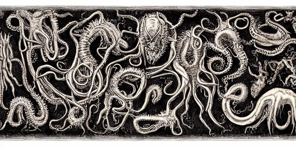 Prompt: detailing reference sheet of lovecraftian unnamed creatures in the style of copper plate etching by biologist