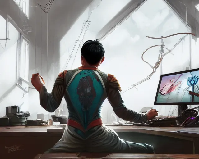 Image similar to an insanely detailed painting of a nerdy asian man wearing a superhero costume, sitting at a desk, staring at the nervously at the computer and typing, in the style of peter mohrbacher, dramatic lighting and composition, octane render, pixar, trending on artstation, concept art, comic book, view from behind