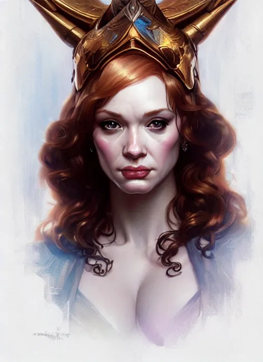 Image similar to valkyrie portrait of christina hendricks, beautiful face, highly detailed face!!!, extremely detailed!, digital painting, unreal engine 5, art by artgerm and greg rutkowski and alphonse mucha