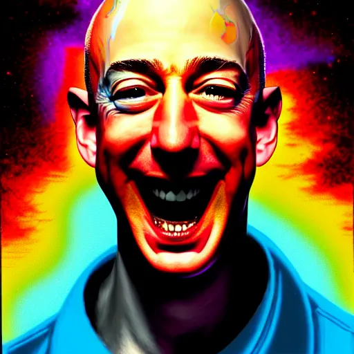 Prompt: A psychedelic portrait of a maniacally screaming jeff bezos, in pain, vibrant color scheme, highly detailed, in the style of romanticism, cinematic, artstation, Moebius, Greg rutkowski