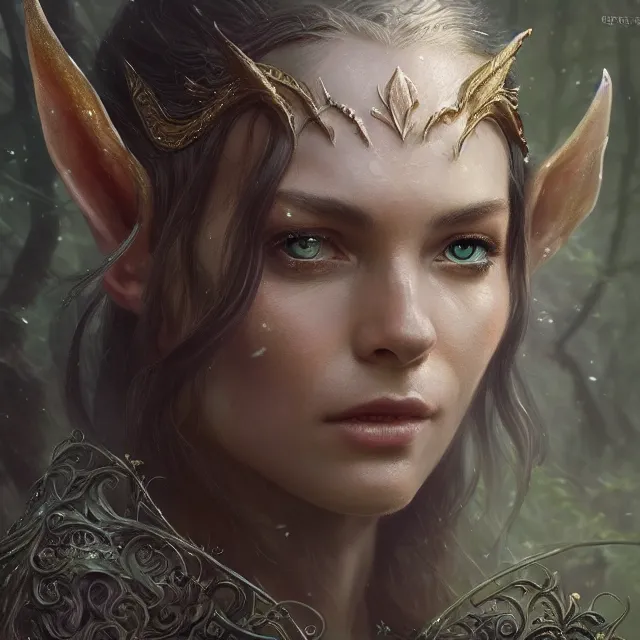 Image similar to close up portrait of a beautiful female elven warrior, magical forest background fantasy atmosphere. art by greg rutkowski. highly detailed, intricate, lifelike. sci - fi, fantasy, magical, nikon d 8 5 0.