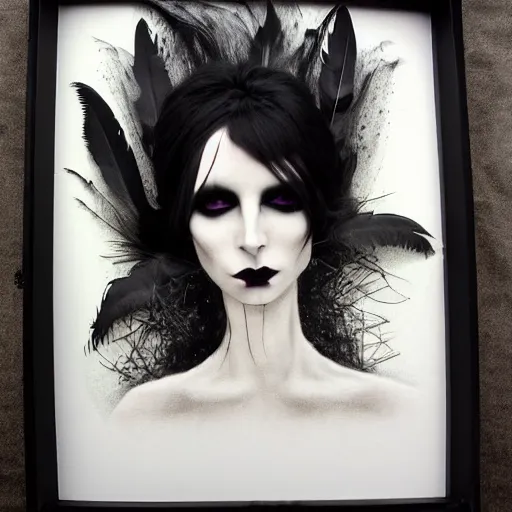 Image similar to portrait soft light, goth woman as mysterious supervillain and and black veil and modestly clothed victorian goth, black feathers instead of hair, black wings instead of arms, gray mottled skin, black feathers growing out of skin, transforming, by tim burton and brian froud, german expressionist, paintbrush, rough paper, fine,