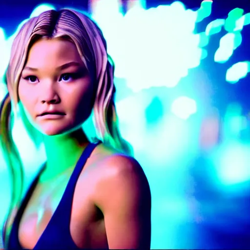 Image similar to cinematic scene with olivia holt as jolyne from jojo's bizarre adventure, live action film, stone ocean, dramatic, small details, volumetric lighting, still frame