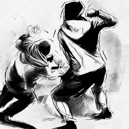 Image similar to a man in a white hoodie fighting a man in a black hoodie, vintage comic, greg rutkowski