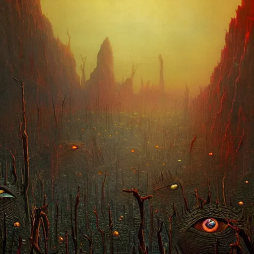 Image similar to an incredibly beautiful but ominous matte painting depicting horrifying huge burning eyes and jagged bloody teeth and thorns, overgrowing a desolate ruins submerged in fog beneath the setting sun by lisa frank and beksinski and wayne barlowe, exquisite detail, post processing, masterpiece, cinematic, sharp focus, deep colors