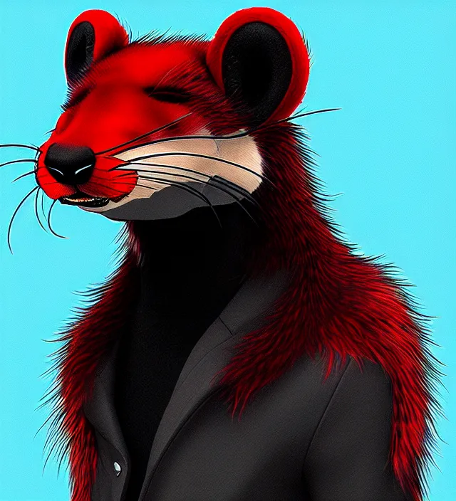 Image similar to furry - male - red - black - weasel - detective - fursona, ray tracing, photorealistic, trending on weasyl