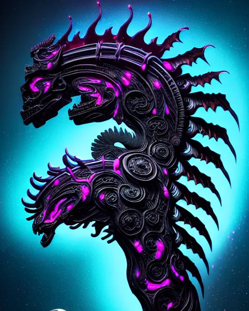 Image similar to 3 d ornate carved dark cosmic horse with profile portrait, sigma 5 0 0 mm f / 5. beautiful intricate highly detailed quetzalcoatl skull. bioluminescent, plasma, lava, ice, water, wind, creature, thunderstorm! artwork by tooth wu and wlop and beeple and greg rutkowski, 8 k trending on artstation