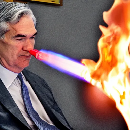 Image similar to photo of Jerome Powell using a flamethrower projecting a long flame