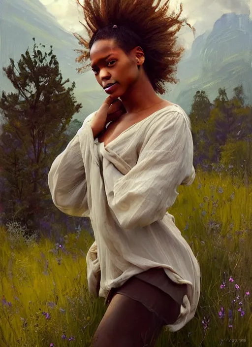 Image similar to portrait of Beyonce practicing wild magic, countryside, calm, fantasy character portrait, dynamic pose, above view, sunny day, thunder clouds in the sky, artwork by Jeremy Lipkin and Giuseppe Dangelico Pino and Michael Garmash and Rob Rey, very coherent asymmetrical artwork, sharp edges, perfect face, simple form, 100mm