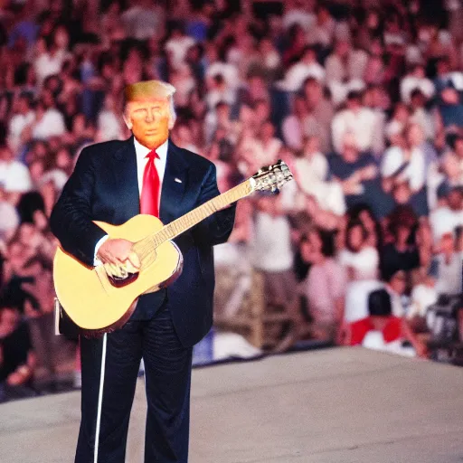 Prompt: donald trump at a concert with playing guitar, long hair, kodak portra 4 0 0 color negative film