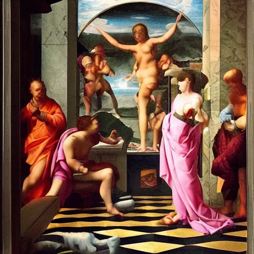 Prompt: in a futuristic bathroom, renaissance painting
