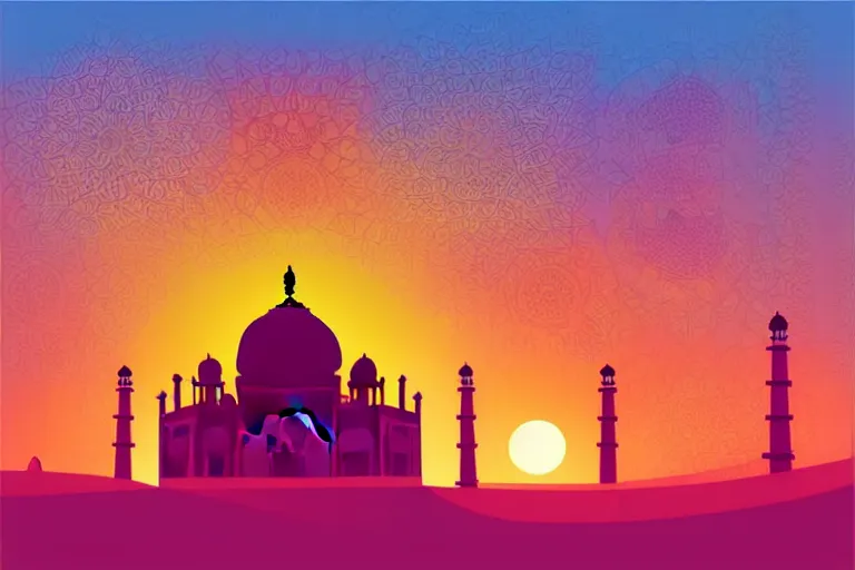 Prompt: minimalist boho style art of colorful taj mahal at sunrise, illustration, vector art