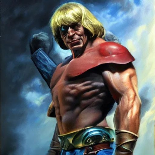 Prompt: ultra realistic portrait painting of he - man, frank frazetta, 4 k, ultra realistic, highly detailed, epic lighting