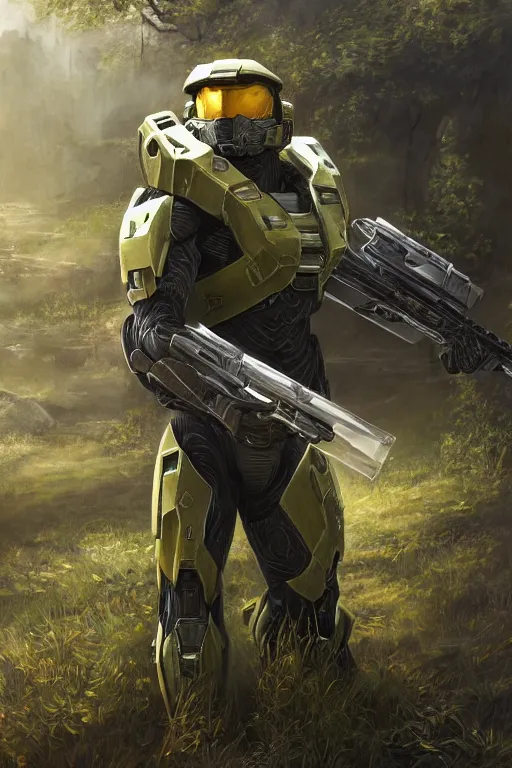 Image similar to master chief from halo 3 hunting easter eggs, oil on canvas, intricate, portrait, 8 k highly professionally detailed, hdr, cgsociety