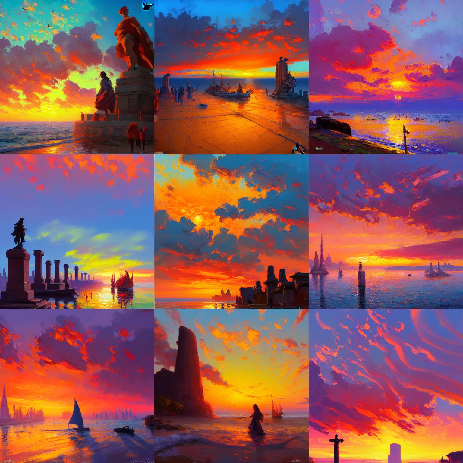 Prompt: acrylic painting, impressionism and expressionism, bold pastel colors, expressive brushstrokes, a spectacular sunset over the shore of the island of monuments and statues, by andreas rocha, trending on artstation