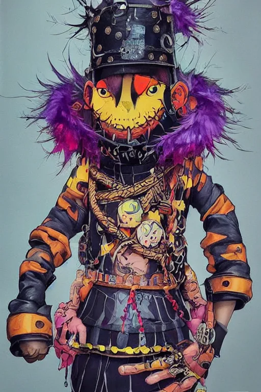 Prompt: a character wearing a diy costume with a lot of details, with fluo colored details, muted colors, gothic, tekkon kinkret, satoshi con, hyper real painting