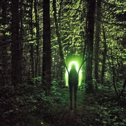 Image similar to nighttime trail-cam photo of an alien in the forest