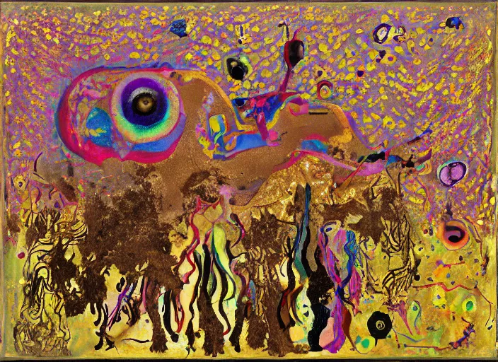 Image similar to expressionistic decollage painting golden armor alien zombie horseman riding on a crystal bone dragon broken rainbow diamond maggot horse in a blossoming meadow full of colorful mushrooms and golden foil toad blobs in a golden sunset, distant forest horizon, painted by Mark Rothko, Helen Frankenthaler, Danny Fox and Hilma af Klint, pixelated, semiabstract, color field painting, byzantine art, voxel art, pop art look, naive, outsider art. Barnett Newman painting, part by Philip Guston and Edward Robert Hughes art by Adrian Ghenie, 8k, extreme detail, intricate detail, masterpiece