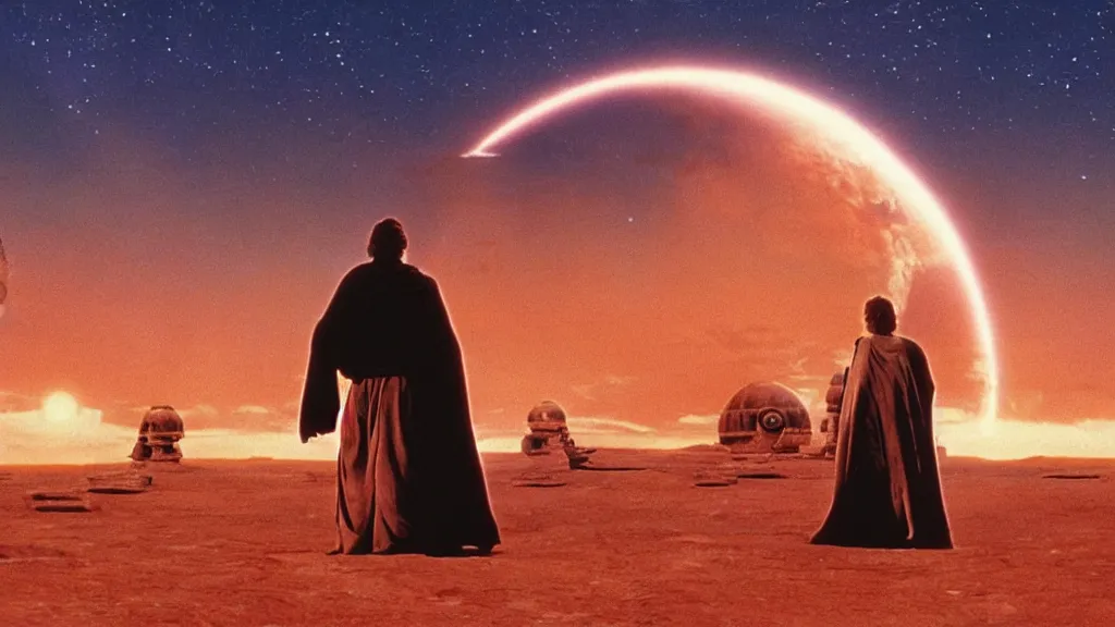 Image similar to film still Luke skywalker watches tatooine binary sunset Star Wars a new hope 1977