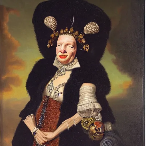 Image similar to dutch golden age oil painting by christian rex van minnen portrait of an extremely bizarre disturbing mutated woman wearing fancy fur and jewels with intense chiaroscuro lighting perfect composition