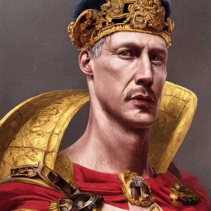 Prompt: excellent painted portrait of the Caesar Invictus the last Emperor of New Rome, dramatic lighting of an emperor's final moment, masterpiece painting with detailed face, 4k, trending on artstation, octane render, art by artgerm and greg rutkowski and alphonse mucha and craig mullins and James Jean and Andrei Riabovitchev and Marc Simonetti and peter mohrbacher