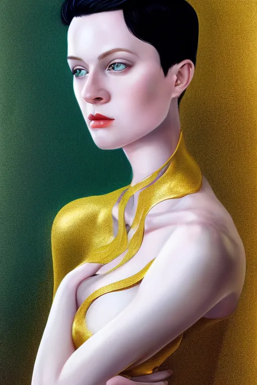 Image similar to Portrait of a beautiful pale skin Nordic female with short black hair, elegant, photorealistic, highly detailed, artstation, smooth, sharp focus, gold ornaments, neon lighting, sci-fi, art by Klimt.