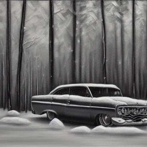 Prompt: rusty ford bel air in winter forest, grey scale, oil painting