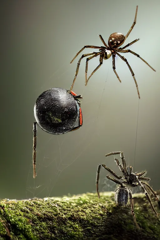 Image similar to Tiny warriors fighting a spider on its web, dewdrops, macro, dramatic lighting, cinematic, establishing shot, extremely high detail, foto realistic, cinematic lighting, post processed, concept art, high details, cinematic, 8k resolution, beautiful detailed, photorealistic, digital painting, artstation, concept art, smooth, sharp focus, artstation trending, octane render, unreal engine