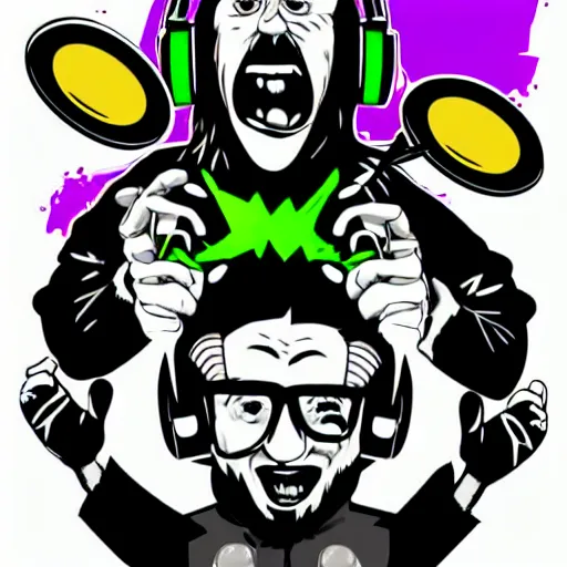 Image similar to svg vector sticker of absolutely insane-mad-scientist-villain, rocking out, wearing headphones, huge speakers, dancing, rave, DJ, spinning records, digital art, amazing composition, rule-of-thirds, award-winning, trending on artstation, featured on deviantart