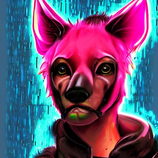 Image similar to digital painting of anthromorphic hyena female, fursona, furry fandom, neon rainy cyberpunk setting, anthro, wearing cyberpunk leather jacket, detailed face,