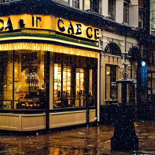 Prompt: cafe in a rainy victorian city, photograph