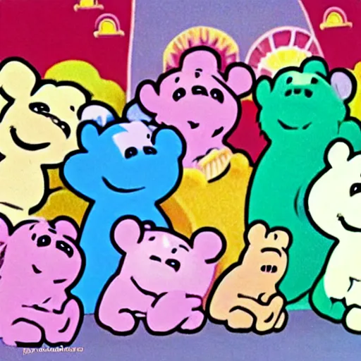 Image similar to appearance by the care bears in the moomin anime ( 1 9 8 2 ), pastel colours