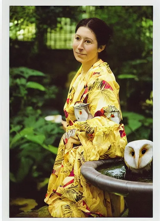 Image similar to head to shoulder portrait Polaroid film photograph of an elegant lovely woman wearing a yellow kimono with a very detailed barn owl on her shoulder!!! in a tropical greenhouse. looking at the camera!!. slight smile. super resolution. Extremely detailed. sitting inside a fountain. Pre - raphaelit .Polaroid 600 film.