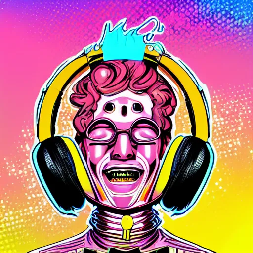 Image similar to artgerm, psychedelic laughing c 3 p 0, rocking out, headphones dj rave, digital artwork, r. crumb, svg vector