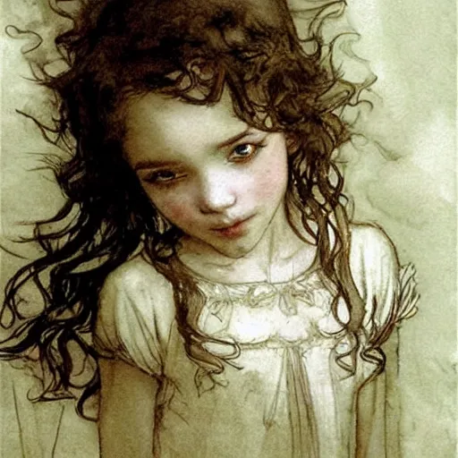 Image similar to a cute little girl fairy with a mischievous face and short brown wavy curly hair. well composed, clean elegant painting, beautiful detailed face. art by arthur rackham and greg rutkowski