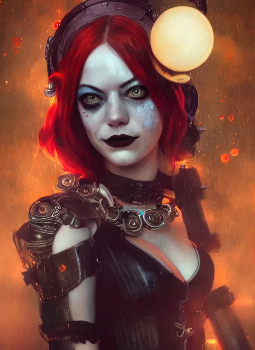 Image similar to underwater dark goth gothic steampunk portrait of emma stone as harley quinn, full moon, hyper detailed, digital art, cinematic lighting, studio quality, smooth render, unreal engine 5, octane rendered, art style by klimt and nixeu and ian sprigger and krenz cushart.