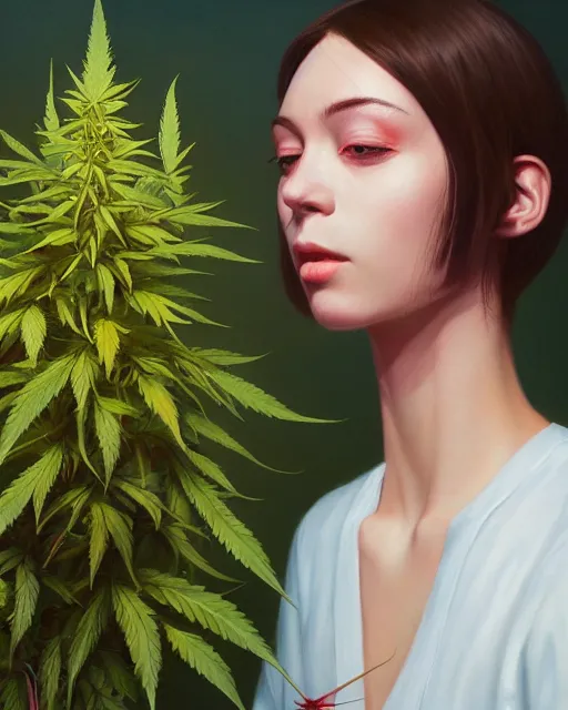 Prompt: an ultradetailed beautiful portrait panting of an anthropomorphic marihuana plant, front view, oil painting, by ilya kuvshinov, greg rutkowski and makoto shinkai