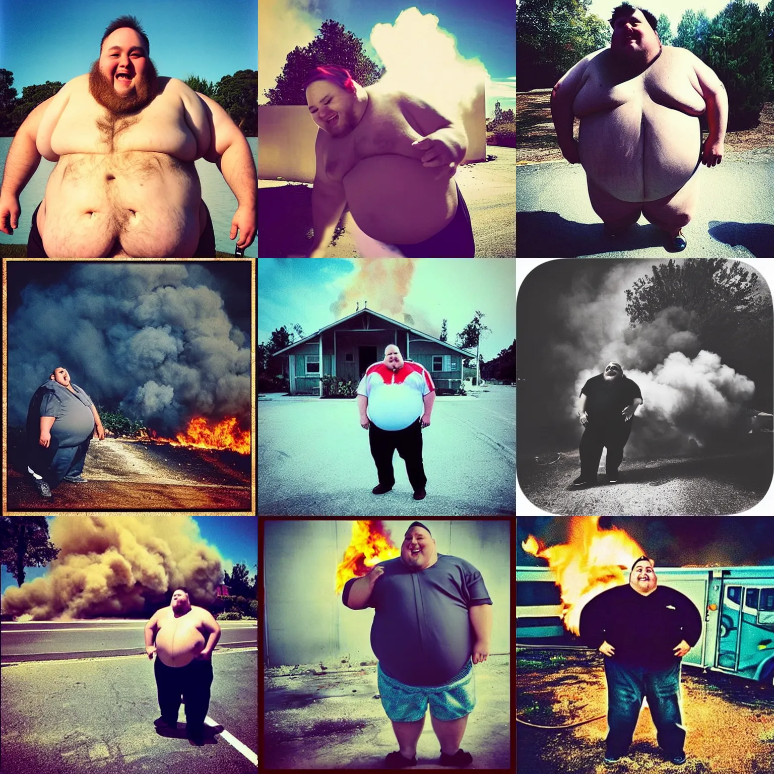 Prompt: instaglam photo, a fat man is very happy because his house burning. - w 7 0 4