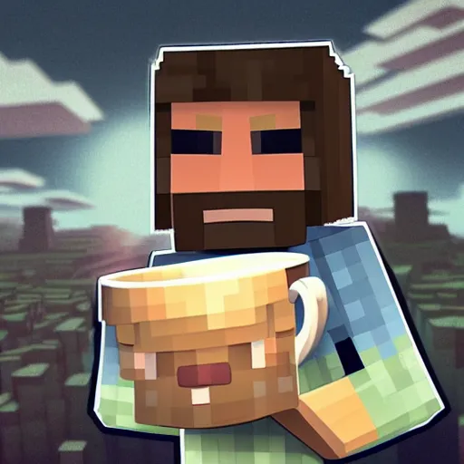 Image similar to minecraft steve holding a small china cup with steam coming out of tea, romanticism style, detailed facial proportions