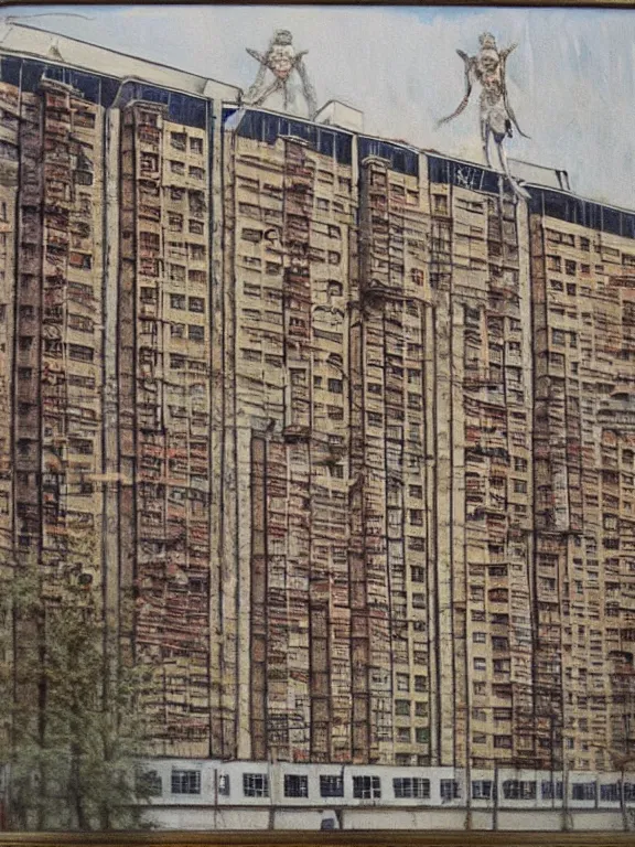 Prompt: painting of Soviet apartment building jewelered with skulls, by Vereschagin