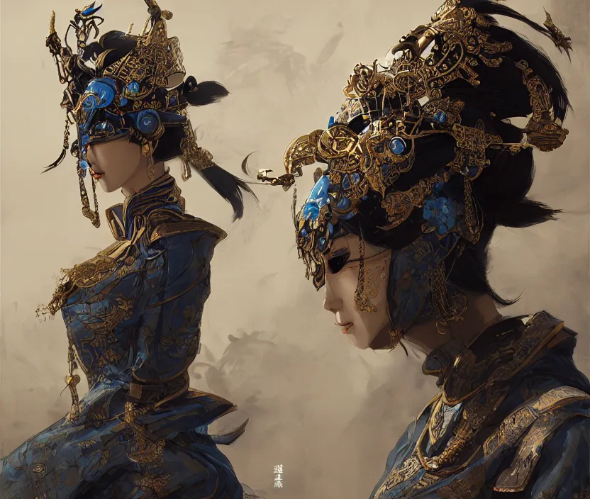 Image similar to ancient chinese princess with steampunk mask, dynasty warriors, elegant, unreal engine, 8 k, blue color scheme, headshot, highly detailed, smooth, ink painting, artstation, concept art, in style of yoji shinkawa, pan ren wei, col price, atey ghailan, by greg rutkowski, aesthetic