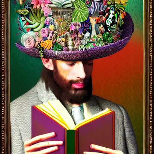 Prompt: HD 8x hyperdetailed illustrated mixed media collage of a man with a maximalist hyperrealistic huge hat made of jewel plants, reading an elaborate book. flamish baroque solarpunk elements. matte background in pastel tones.